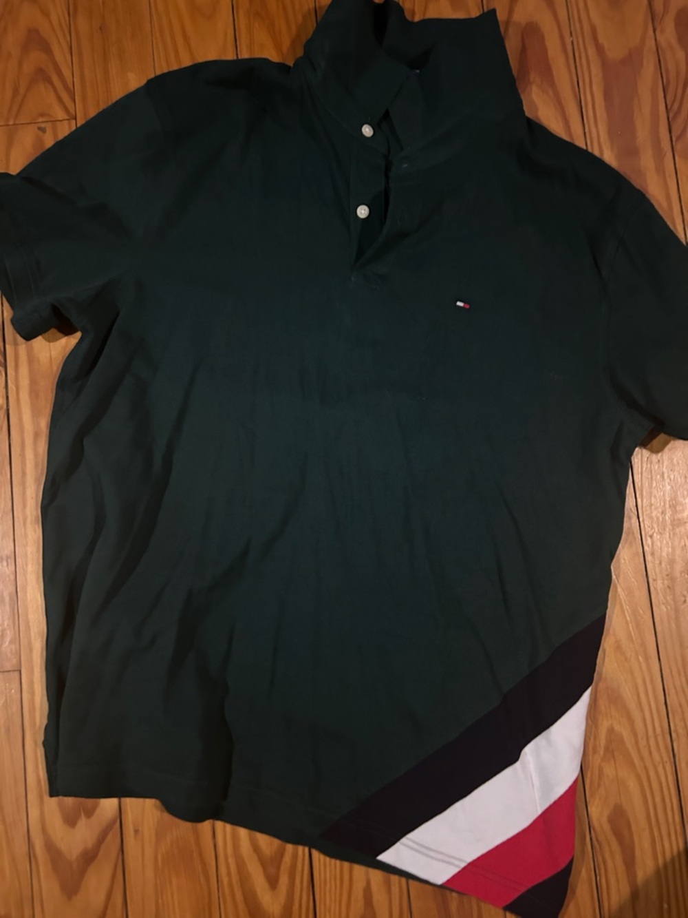 Tommy Hilfiger Dark Green Polo with Tri-Color Diagonal Hem